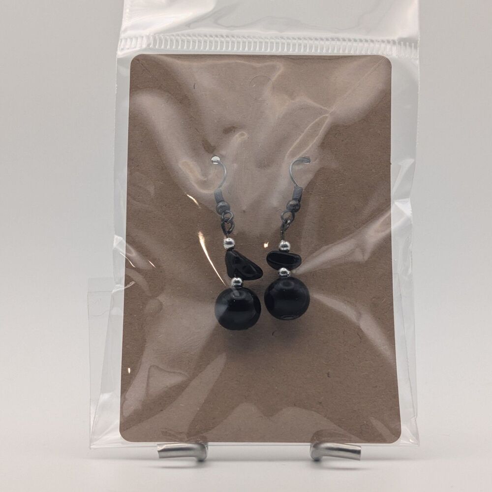 Black Beaded Dangle Earrings Silver Tone Handmade Style Drop Jewelry